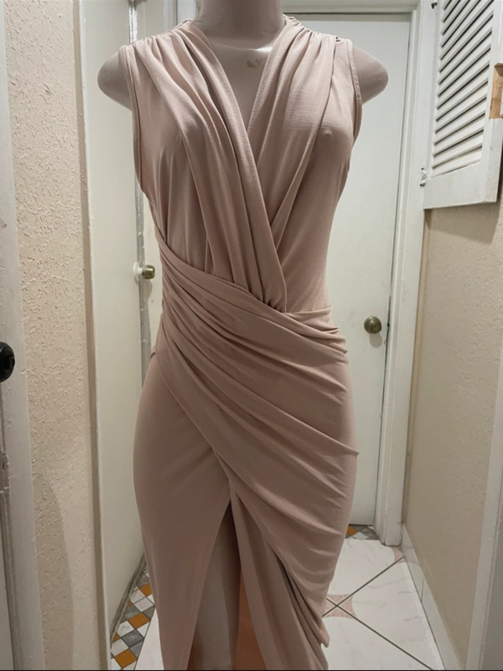 Sleeveless Draped Wrap Midi Dress in Beige